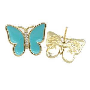 copper butterfly Stud Earring with teal enamel, gold plated, approx 16-20mm