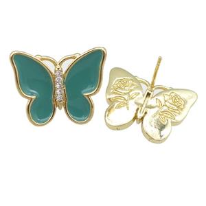 copper butterfly Stud Earring with green enamel, gold plated, approx 16-20mm