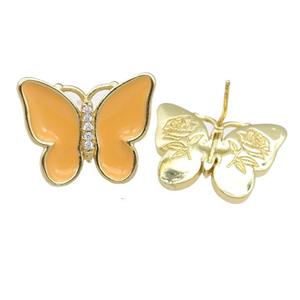 copper butterfly Stud Earring with peach enamel, gold plated, approx 16-20mm