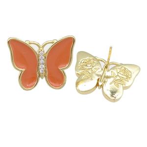 copper butterfly Stud Earring with orange enamel, gold plated, approx 16-20mm