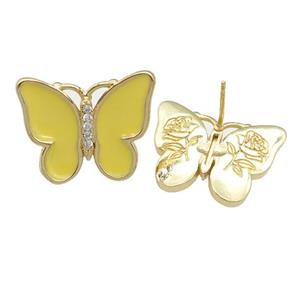 copper butterfly Stud Earring with yellow enamel, gold plated, approx 16-20mm