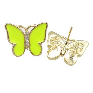 copper butterfly Stud Earring with nenoyellow enamel, gold plated, approx 16-20mm