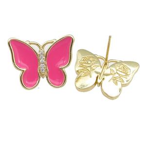 copper butterfly Stud Earring with hotpink enamel, gold plated, approx 16-20mm