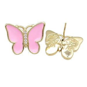 copper butterfly Stud Earring with pink enamel, gold plated, approx 16-20mm