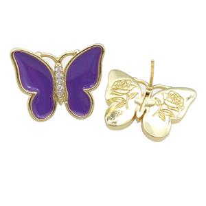 copper butterfly Stud Earring with purple enamel, gold plated, approx 16-20mm