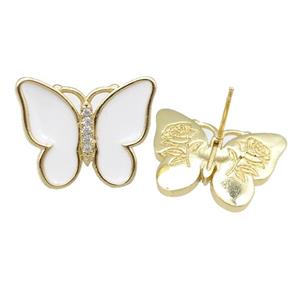 copper butterfly Stud Earring with white enamel, gold plated, approx 16-20mm