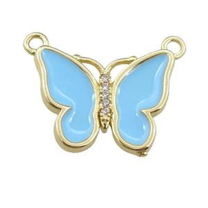 copper butterfly pendant with lt.blue enamel, gold plated, approx 16-20mm