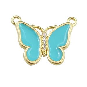 copper butterfly pendant with teal enamel, gold plated, approx 16-20mm