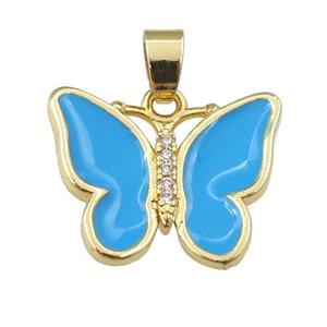 copper butterfly pendant with blue enamel, gold plated, approx 16-20mm