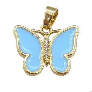 copper butterfly pendant with lt.blue enamel, gold plated, approx 16-20mm