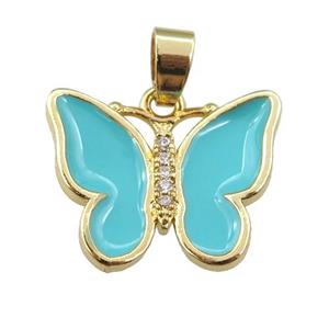 copper butterfly pendant with teal enamel, gold plated, approx 16-20mm