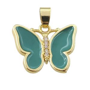 copper butterfly pendant with green enamel, gold plated, approx 16-20mm