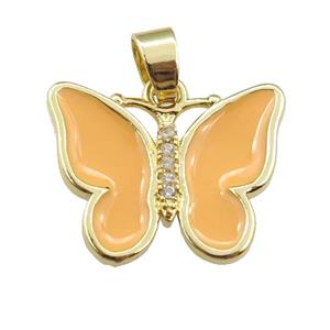 copper butterfly pendant with peach enamel, gold plated, approx 16-20mm