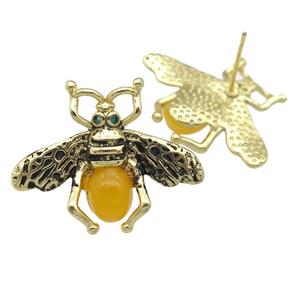 copper honeybee Stud Earring with yellow cats eye stone, antique gold, approx 21-26mm