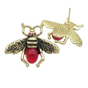 copper honeybee Stud Earring with red cats eye stone, antique gold, approx 21-26mm