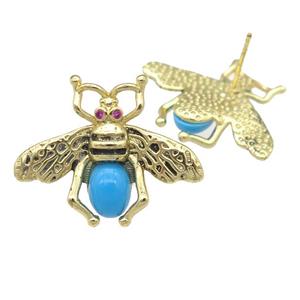 copper honeybee Stud Earring with turqblue cats eye stone, antique gold, approx 21-26mm