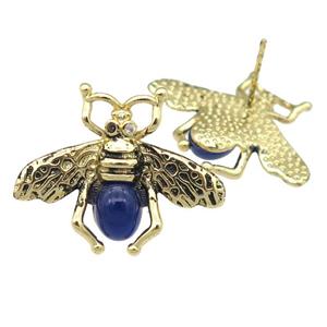 copper honeybee Stud Earring with blue cats eye stone, antique gold, approx 21-26mm