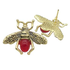 copper honeybee Stud Earring with red cats eye stone, antique gold, approx 21-26mm
