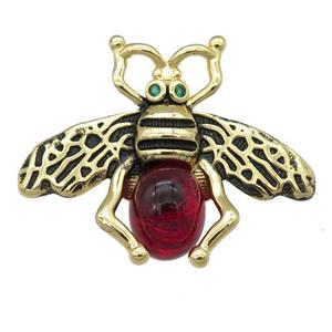 copper honeybee Connector with red cats eye stone, antique gold, approx 26-32mm