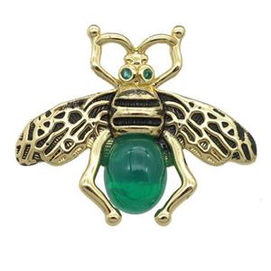 copper honeybee Connector with green cats eye stone, antique gold, approx 26-32mm