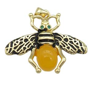 copper honeybee Pendant with yellow cats eye stone, antique gold, approx 26-32mm