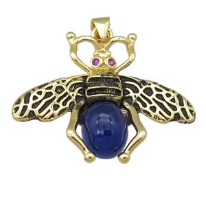 copper honeybee Pendant with blue cats eye stone, antique gold, approx 26-32mm