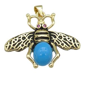 copper honeybee Pendant with turqblue cats eye stone, antique gold, approx 26-32mm