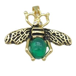 copper honeybee Pendant with green cats eye stone, antique gold, approx 26-32mm