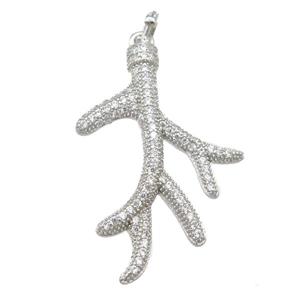 copper Antler pendant pave zircon, platinum plated, approx 23-35mm