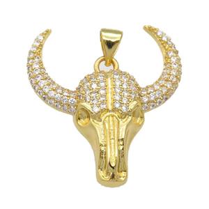copper bullHead pendant pave zircon, gold plated, approx 24-27mm