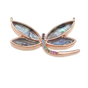 copper Dragonfly pendant pave zircon, abalone shell, rose gold, approx 30mm