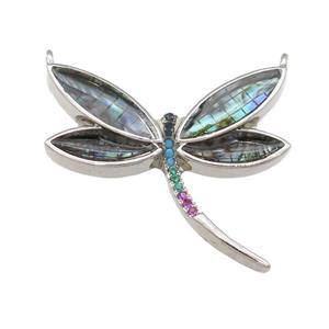 copper Dragonfly pendant pave zircon, abalone shell, platinum plated, approx 30mm