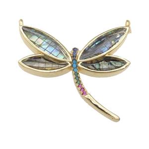 copper Dragonfly pendant pave zircon, abalone shell, gold plated, approx 30mm