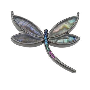 copper Dragonfly pendant pave zircon, abalone shell, black plated, approx 30mm