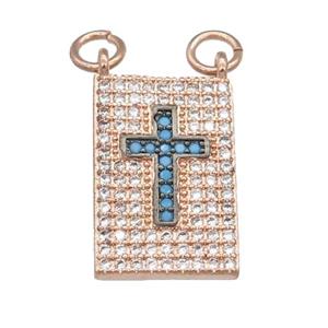 copper Rectangle pendant pave zircon, cross, rose gold, approx 12-18mm