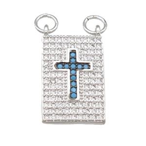 copper Rectangle pendant pave zircon, cross, platinum plated, approx 12-18mm