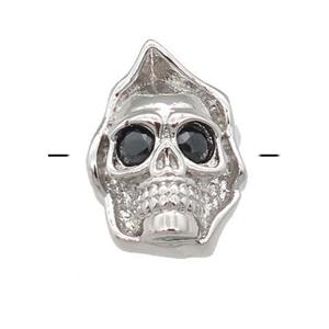 copper Skull charm beads pave zircon, platinum plated, approx 10-14mm, 2mm hole