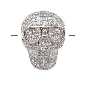 copper Skull beads pave zircon, platinum plated, approx 11-15mm, 2mm hole