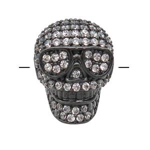 copper Skull beads pave zircon, black plated, approx 11-15mm, 2mm hole
