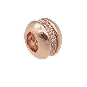 copper rondelle beads pave zircon, large hole, rose gold, approx 6.5mm, 3mm hole