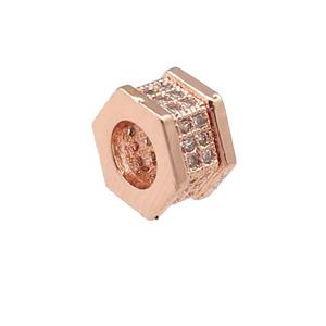 copper hexagon beads pave zircon, large hole, rose gold, approx 8mm, 4mm hole