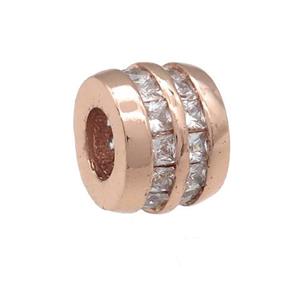 copper barrel beads pave zircon, large hole, rose gold, approx 11mm, 5mm hole