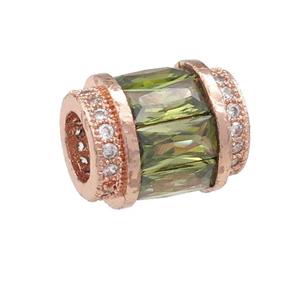 copper tube beads pave green zircon, large hole, rose gold, approx 10-12mm, 5mm hole