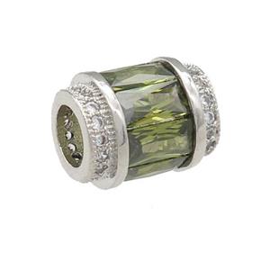 copper tube beads pave green zircon, large hole, platinum plated, approx 10-12mm, 5mm hole