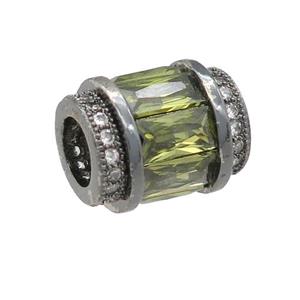 copper tube beads pave green zircon, large hole, black plated, approx 10-12mm, 5mm hole