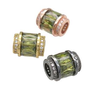copper tube beads pave green zircon, large hole, mixed, approx 10-12mm, 5mm hole