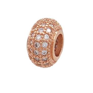 copper rondelle beads pave zircon, large hole, rose gold, approx 13mm, 6mm hole