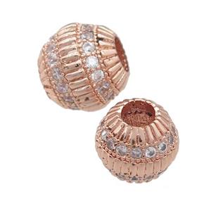 copper barrel beads pave zircon, large hole, rose gold, approx 11mm, 4mm hole