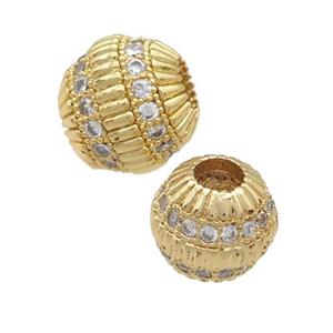 copper barrel beads pave zircon, large hole, gold plated, approx 9.5mm, 4mm hole