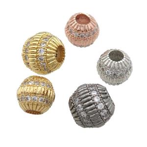copper barrel beads pave zircon, large hole, mixed, approx 9.5mm, 4mm hole